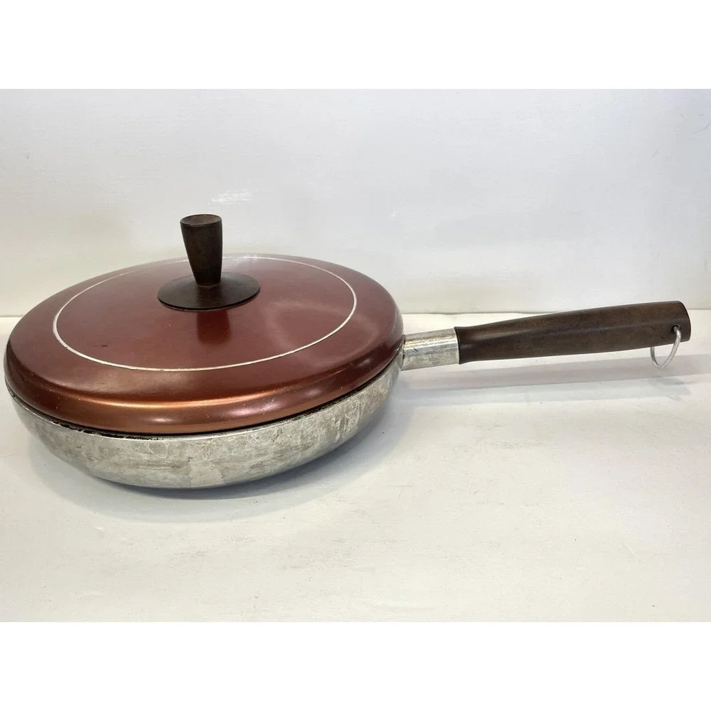 Wear-Ever Aluminum Saute Skillet Copper Lid Non-Stick Wood Handle‎ USA